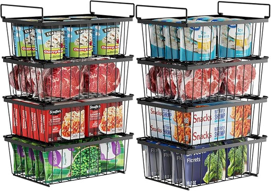 iSPECLE Chest Freezer Organizer Bins - 8 Pack Stackable Freezer Organizer for 5 to 7 Cu.Ft Freezer and Upright Freezer Over 8.5 Cu.Ft, Easy Get Food from Bottom, Add Extra Storage Space, Black