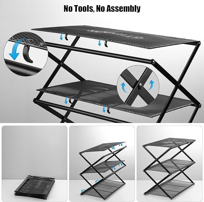 Small Shoe Rack for Entryway - 3 Tier Shoe Organizer Metal Foldable Shoes Storage Rack, Zero Tool Install, Sturdy Shoe Rack for Closet, Front Door Entrance, Living Room - Space Saving, Black