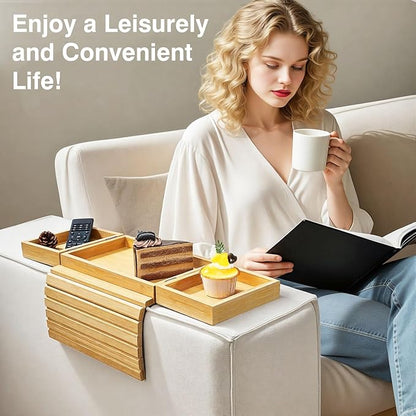 Couch Arm Tray, Expandable and Foldable Couch Armrest Table, Natural Bamboo Sofa Arm Tray, Non-Slip Armrest Organizer for Drink, Cup, Snack, Control, Fruit, Easy to Clean, Natural
