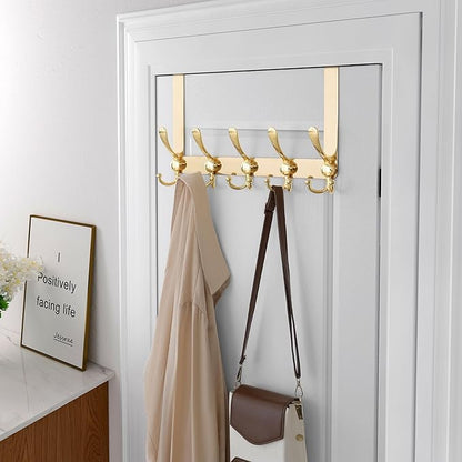 Dseap Over Door Hook 2.0 - Upgraded Version - Simple-Assembly, Strong, Heavy-Duty Stainless Steel 5-Tri-Hook Over The Door Hanger Rack, SimpleStrong Series, Gold, Pack of 2