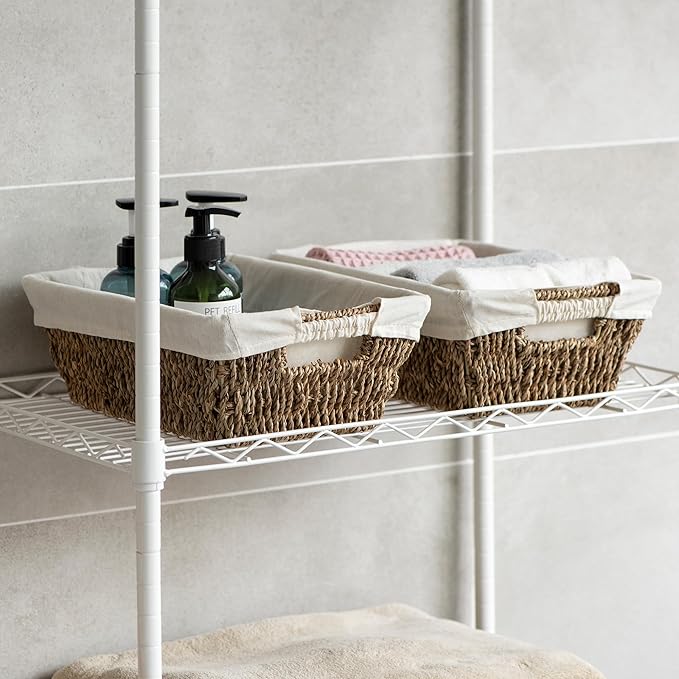JS HANGER Wicker Storage Basket with Washable Liners, Metal Frame, Set of 2, 12.6"L x 8.7"W x 4.3"H, Seagrass Woven Basket for Pantry, Toilet, Bathroom, Bedroom, Patio, Natrual