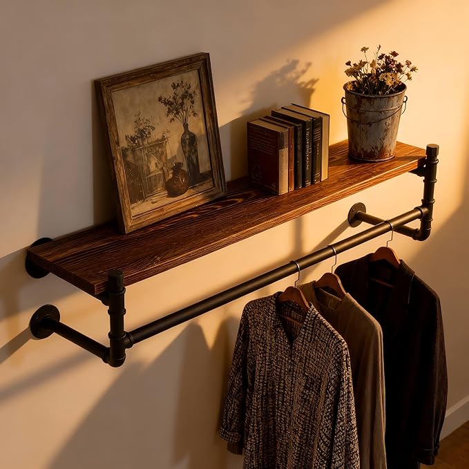 WEBI Wall Mounted Clothes Rack with Shelf,30" Industrial Pipe Clothing Rack with Shelf with Hanging Rod,Heavy Duty Iron Garment Rack Bar,Retail Display Clothes Rod for Laundry Room,Closet,Black