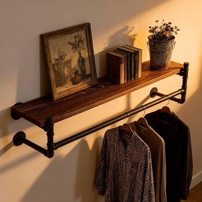 WEBI Wall Mounted Clothes Rack with Shelf,30" Industrial Pipe Clothing Rack with Shelf with Hanging Rod,Heavy Duty Iron Garment Rack Bar,Retail Display Clothes Rod for Laundry Room,Closet,Black