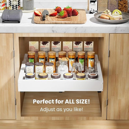 BUFOR 1 Pack Pull out Cabinet Organizer, Width (10"-16") Depth (17"-25"), with 3 Rails Adjustable Slide, Expandable Pullout Drawers for Cabinets, No Drill Adhesive Kitchen Drawers for Pantry Shelves