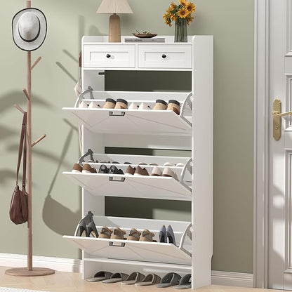 Shoe Cabinet with 3 Flip Drawers & 2 Storage Drawers, Rustic Farmhouse Narrow Shoe Organizer Cabinet, Slim Shoe Rack Cabinet, Shoe Storage Cabinet for Entryway, Hallway, Front Door