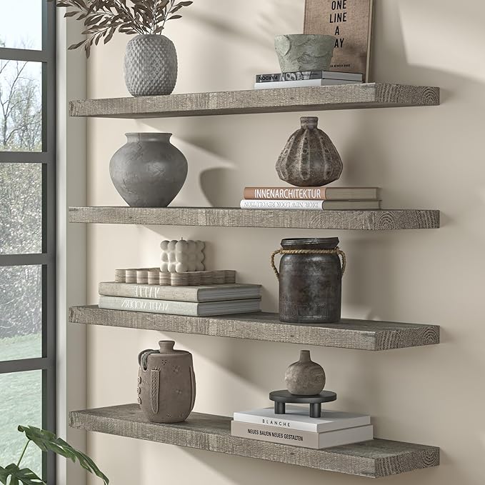 Fun Memories Floating Shelves for Wall Decor, 48"x8" Rustic Reclaimed Wood Shelves, Heavy-Duty Wall Mounted Shelves with Invisible Brackets for Living Room, Bedroom, Kitchen, Grey Finish, Set of 2