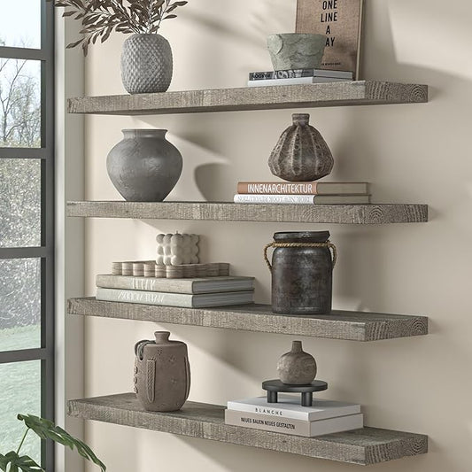 Fun Memories Floating Shelves for Wall Decor, 48"x8" Rustic Reclaimed Wood Shelves, Heavy-Duty Wall Mounted Shelves with Invisible Brackets for Living Room, Bedroom, Kitchen, Grey Finish, Set of 2