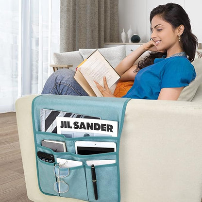 Teniux Remote Control Holder Faux Leather Armrest Organizer with 6 Pockets for recliner couch sofa, Armchair Caddy for Smart Phone, Book, Magazines, Ipad, Remotes (Teal)