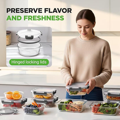 Superior Glass Food Storage Containers - 24-Piece Stackable Glass Meal-prep Containers w/Newly Innovated Hinged BPA-Free 100% Leakproof Locking Lids - Freezer-to-Oven-Safe - NutriChef NCGLGY (Gray)