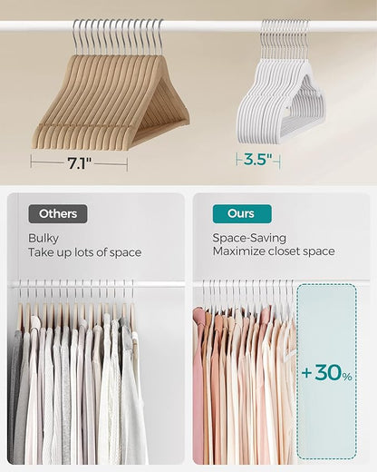 SONGMICS Velvet Hangers 100 Pack, Non-Slip Clothes Hangers with Shoulder Notches, Pants Bar, 360° Swivel Hook, Space-Saving, for Closet, Cloud White UCRF029W010