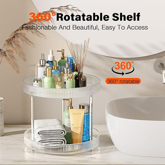 Acina 2-Tier Bathroom Countertop Organizer: 360° Clear Lazy Susan Rotating Storage Tray - Spinning Perfume Cosmetics Vanity Shelf for Bathroom Cabinet, Kitchen (Large)