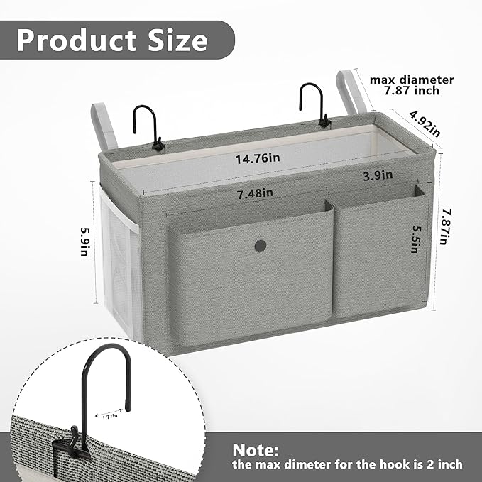 Edudif Bedside Caddy Bedside Organizer with Fixed Straps & Water Bottle Holder, Bunk Bed Caddy ideal for Home, Dorm, Hospital, Crib, Versatile Bedside Storage Solution (Grey 2pcs)