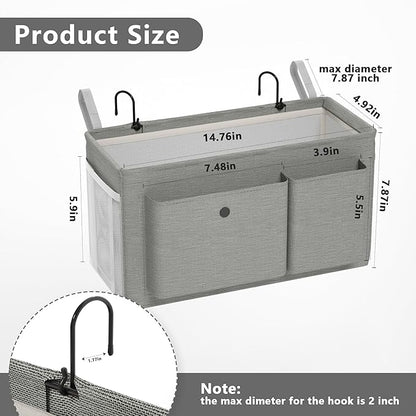 Edudif Bedside Caddy Bedside Organizer with Fixed Straps & Water Bottle Holder, Bunk Bed Caddy ideal for Home, Dorm, Hospital, Crib, Versatile Bedside Storage Solution (Grey 2pcs)