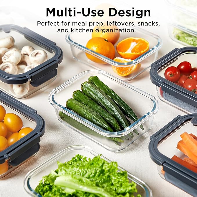 Spreccio Glass Food Storage Containers with Glass Lids, 4 Pack of 22oz, Meal Prep Container with Airtight Lids, Microwave Safe Food Container Set, BPA Free, LeakProof, Ideal for Lunch