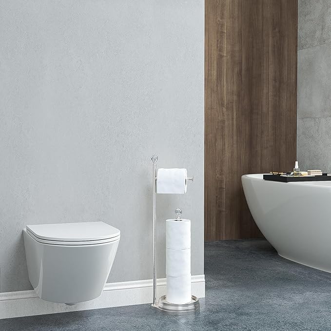 Toilet Paper Holder for Bathroom, Heavy Weighted Metal Free Standing Toilet Paper Holder Stand with Crystal Ball, Toilet Paper Roll Stand for Bathroom Accessories