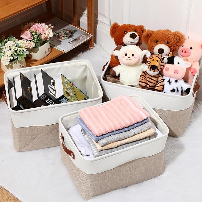 Uiifan 10 Pcs Collapsible Storage Bins Fabric Foldable Storage Basket with Handles Cloth Organizer Linen Shelf Baskets for Shelves Home Closet Nursery Toys(16 x 12 x 10 Inch,Beige and White)