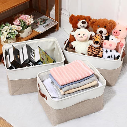 Uiifan 10 Pcs Collapsible Storage Bins Fabric Foldable Storage Basket with Handles Cloth Organizer Linen Shelf Baskets for Shelves Home Closet Nursery Toys(16 x 12 x 10 Inch,Beige and White)