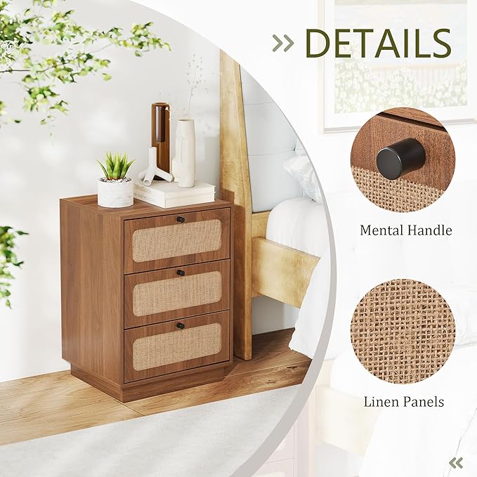 AVZEAR Mid Century Night Stand with 3 Drawers, Farmhouse End Table with Storage & Curved Linen Panel, Modern Nightstands Bedside Table Small Side Table for Small Space, Bedroom(Walnut)