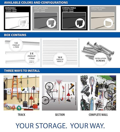 Proslat Garage Storage PVC Slatwall Panel - 2 Packs of 8 ft. x 4 ft. Sections (20 Single Slats which make up 64 sq.ft ) (Light Gray)
