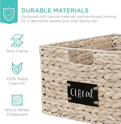 Best Choice Products Pantry Baskets Set of 2 16x12in Water Hyacinth Storage Baskets, Woven Wicker Kitchen Organizers with handles w/Chalkboard Label Chalk Marker - White
