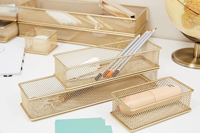Annova Mesh Stackable Drawer Cabinet and Shelf Organizer Bins Storage Basket School Office Supply Holder Tray- Set of 2 (Gold, 3x12x2 Inch)