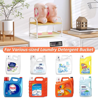 2-in-1 Laundry Detergent Holder & Organizer with Drip Tray, 2-Tier Metal Shelf for Countertop - Soap Dispenser & Storage Stand for Laundry Room, Kitchen, Bathroom, White