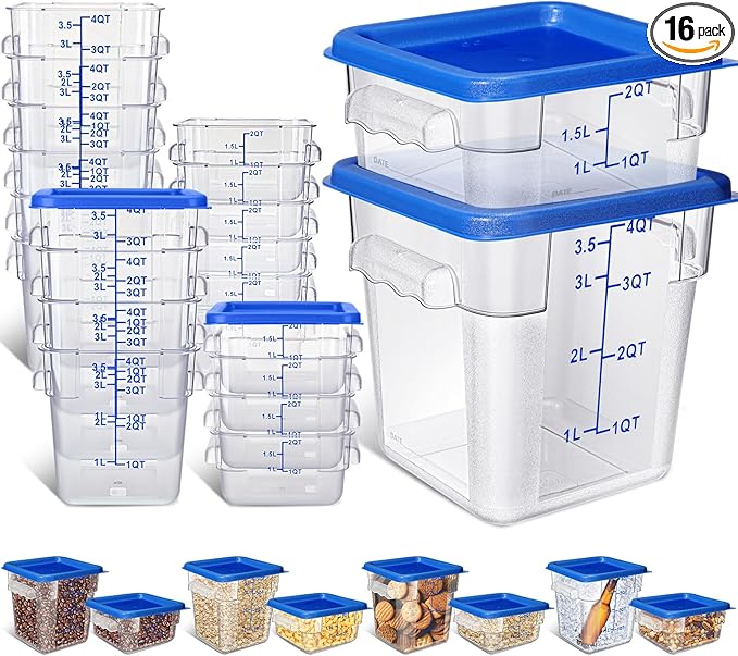 Yungyan 16 Pcs Restaurant Food Storage Containers with Lids Set 2Qt and 4Qt Commercial Restaurant Square Storage Containers Clear Food Cereal Container for Kitchen Freezer (Blue Lids)