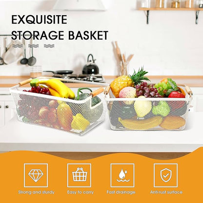 4 Pcs Metal Wire Basket with Wooden Handles Mesh Steel Storage Organizer Bin Containers for Home Organizing Cabinet Pantry Closet Kitchen Fridge Fruit Makeup Snacks Gifts(Large,Cream White)
