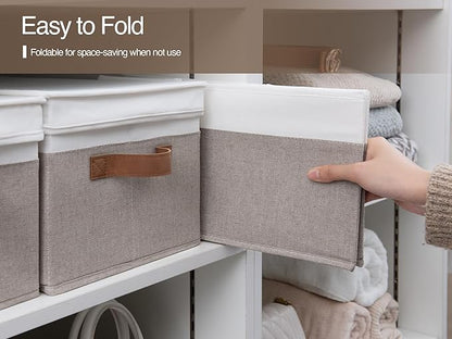 StorageWorks Large Storage Bins with Lids, Decorative Storage Boxes with Lid and PU Handles, Foldable Storage Baskets for Closet, Shelves, Stackable, Brown and White, 3-Pack