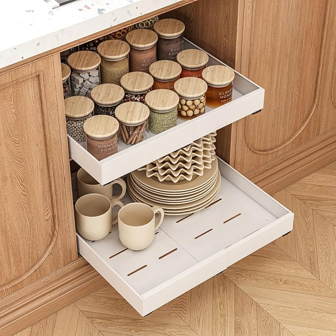 THMINS 2 Pack Expandable Pull Out Cabinet Organizer, 21" Depth, for Kitchen Cabinets, Upgrade 3 Slide Slide-Out Drawers, Adjustable Width 12.05" - 20.5", White
