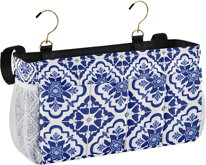 CuwrYet Bedside Caddy Hanging Bunk Bed Caddy Bed Organizer Hanging Pocket with 2 Hooks Bedside Storage Organizer Pocket Bag Holder Floral Blue and White Geometric