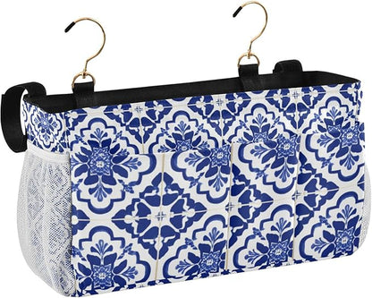 CuwrYet Bedside Caddy Hanging Bunk Bed Caddy Bed Organizer Hanging Pocket with 2 Hooks Bedside Storage Organizer Pocket Bag Holder Floral Blue and White Geometric