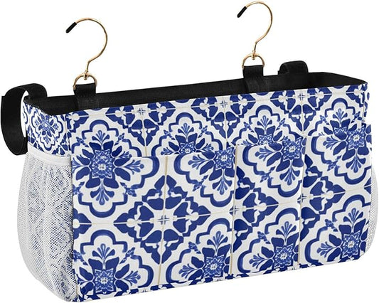 CuwrYet Bedside Caddy Hanging Bunk Bed Caddy Bed Organizer Hanging Pocket with 2 Hooks Bedside Storage Organizer Pocket Bag Holder Floral Blue and White Geometric