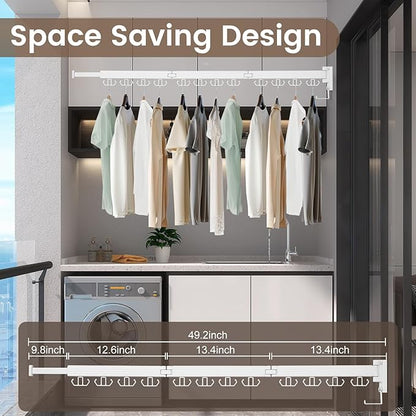 Clothes Drying Rack Wall Mounted, Retractable Drying Racks for Laundry, Foldable Drying Rack With 12 Hooks, Sturdy Tri-Fold Wall Mounted Space Saver for Laundry Room Balcony Bathroom - 49.8", White