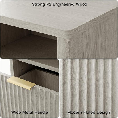 Pipishell Nightstand with Charging Station, Fluted Bedside Table with Storage & Drawers, Modern End Tables with USB & AC Outlets, Small Wood Night Stand for Bedroom, Light Gray