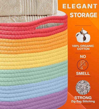 CHAT BLANC Rainbow Cotton Rope Baskets for Organizing | Storage Baskets for Shelves | Rainbow Rope Basket for Storage, Small Laundry Baskets, Woven Baskets for Storage, Dog Toy Bin, Baby Basket, 3Pack