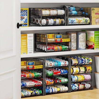 JKsmart 2-Tier Stackable Can Rack Organizer for Pantry, Adjustable Can Dispenser Holds Up to 62 Cans, Can Storage Holder for Various Ounces of Canned Food Soda Drinks, Black, 2 Pack (Petent Pending)