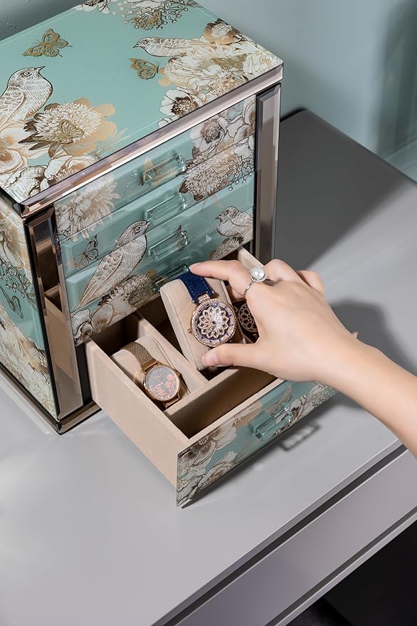 Homruilink High End Glass Jewelry Box - 5 Layer Jewelry Organizer with 2-Sided Doors and Mirror - Velvet-Lined Organizer For Ring, Necklace, Earring, Bracelet Storage - Christmas Gift For Women