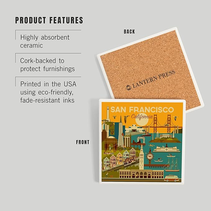 Lantern Press San Francisco, California, Geometric (Absorbent Ceramic Coaster, Single, Cork Back, Kitchen Table Decor)