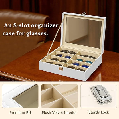 Homeanda PU Leather Sunglasses Case - 8 Slots Hard Shell Sunglasses Storage Box Organizer, Protective Glasses Organizer Christmas Gift for Men and Women(White)