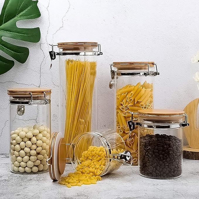 Le'raze Set of 5 Borosilicate Glass Food Storage Canisters with Airtight Bamboo Clamp Lid, Kitchen Bathroom and Pantry Organization Containers, Cookie Jars for Flour