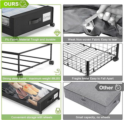 Under Bed Storage with Wheels, 2-Pack Under the Bed Storage Containers with Clear Lids & Label, Underbed Storage Bins, XXL 60L Rolling Metal Drawer for Clothes, Shoes, Toys, Books - Black