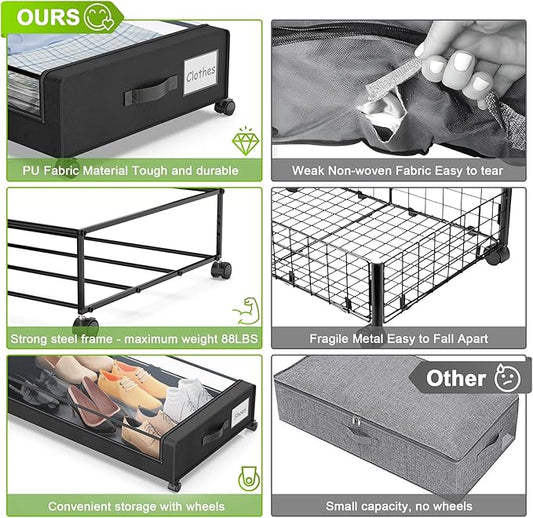 Under Bed Storage with Wheels, 4-Pack Under the Bed Storage Containers with Clear Lids & Label, Underbed Storage Bins, XXL 60L Rolling Metal Drawer for Clothes, Shoes, Toys, Books - Black