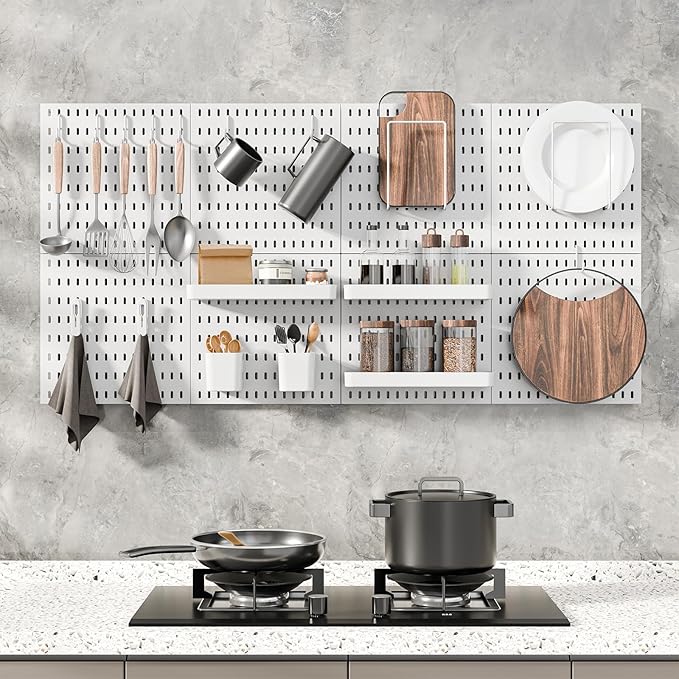 Pegboard Combination Kit, Wall Mounted Storage Set with 4 Pegboards & 14 Accessories Hanging, White Peg Boards Organizer for Walls Display, Crafts Organization, Kitchen Organizer, 22" x 22"