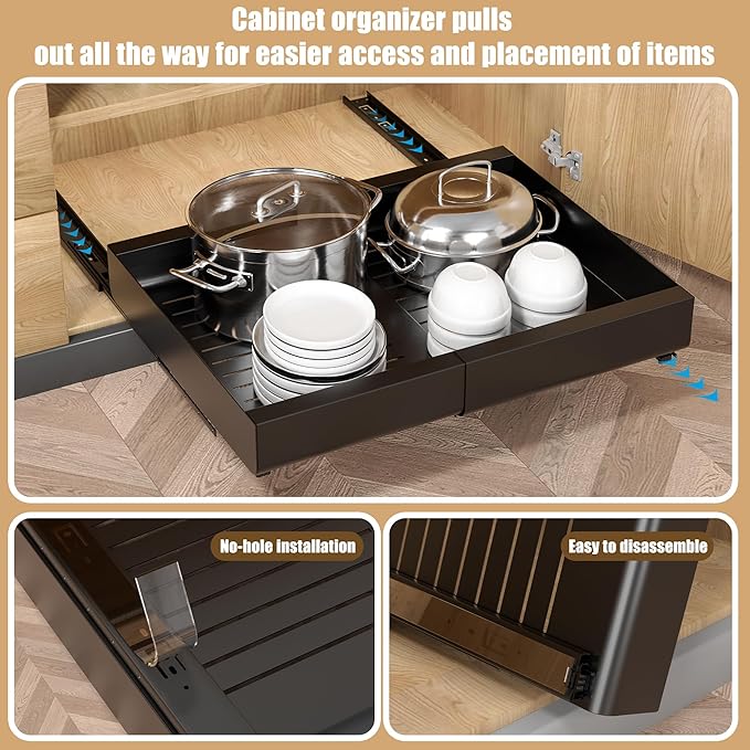 KLKE Pull Out Cabinet Organizer, Width Expandable (11.7"-19.7") Heavy Duty Slide Out Drawers Fixed with Adhesive Nano Film for Pots, Roll Out Shelf Storage For Kitchen,Pantry,Garage,Bathroom Storage