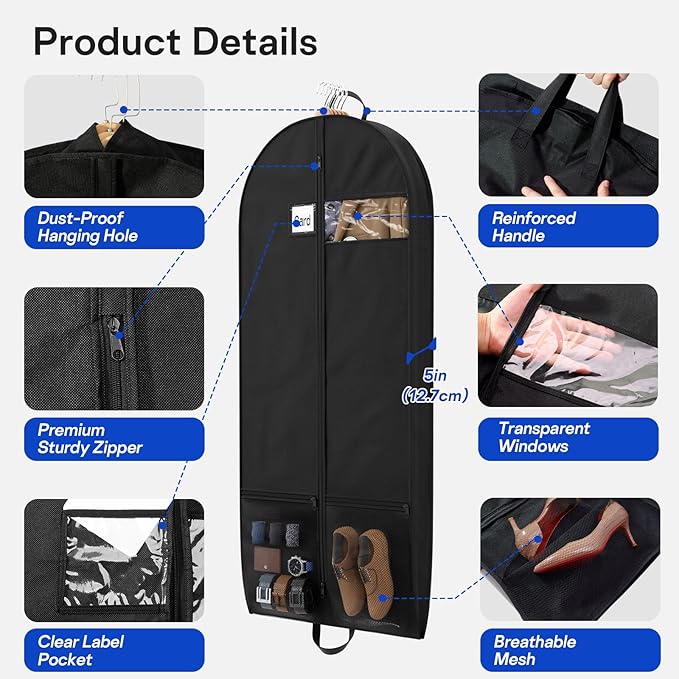2 Pack Heavy Duty Garment Bags for Travel Suit Bags, Dress Bags, Garment Bags for Hanging Clothes with Pockets Men's Suit Holder for Cospaly, Shirts, Coats, Dresses (Black, 2Pack 54")