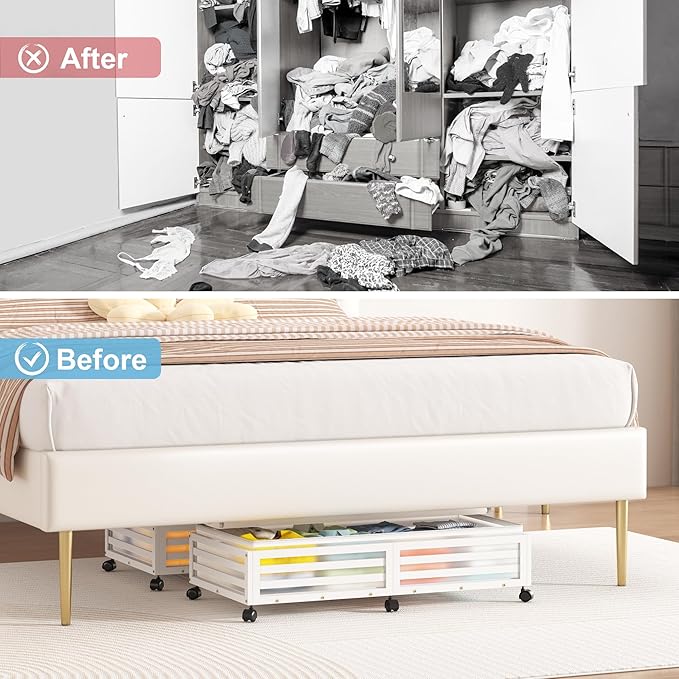 Wisuce Home Under Bed Storage Containers With Wheels - 2 Pcs Large Bamboo Wood Rolling Underbed Shoe Storage Bins With Dust Bags for Clothes Blankets, Duvet Covers Snacks Toys (White)