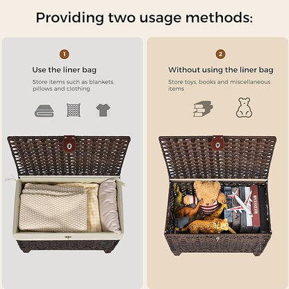 Wicker Storage Basket with Lid,Rattan Shelf Basket with Removable Liner Bag,65L Storage Bin,Storage Trunk with Heightened Feet,Storage Container for Wardrobe,Home Organizer