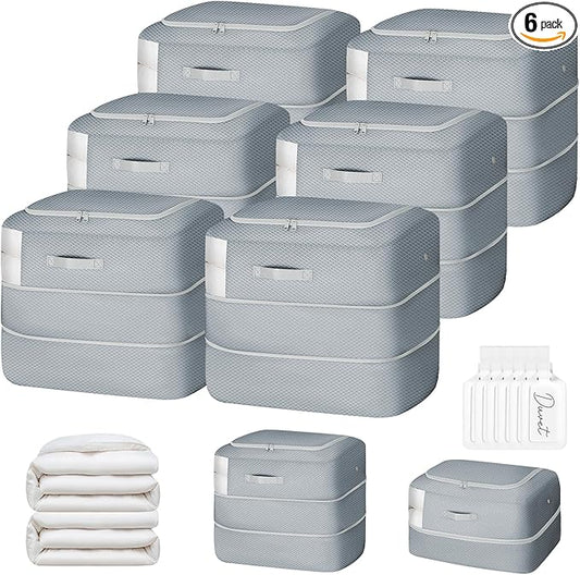 Easortm Comforter Storage Bag - 110L Large Capacity Blanket Storage Bags 2-Layer Ultra Space Saving Self Compression Organizer, Washable Compression Bags for Storage Comforter Blanket, 6-Pack, Grey