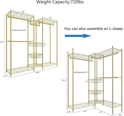 XIOFIO 6 Tiers Heavy Duty Garment Rack,Clothing Storage Organizer, Metal Clothing Rack,Clothing Rack with Hanging Rod,Adjustable Shelf and Fixed Baskets,60.7"L x 15.7"W x 70.5"H Max Load 720LBS,Gold